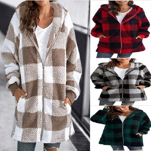 Damen Kariertes Teddy-Fleece-Mantel mit Kapuze und Reißverschluss Nord Taschen