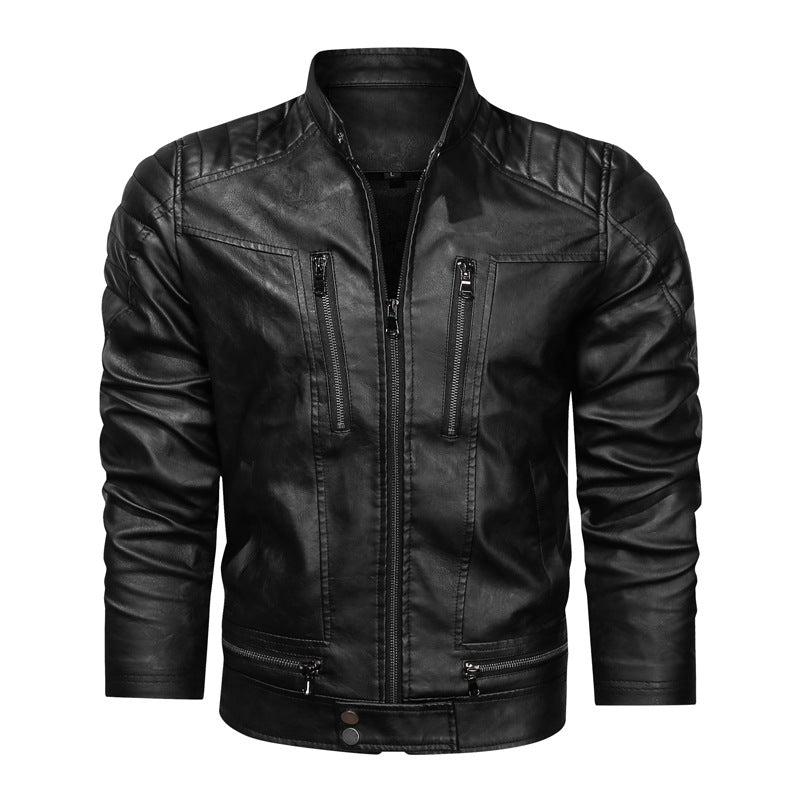 Herren Lederimitat-Bikerjacke im Vintage-Look mit Stehkragen, Ziernähten und Mehrfach-Reißverschlusstaschen Nord Taschen