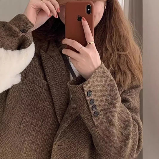 Damen Oversize-Blazer aus Wollmix mit Fischgrätstruktur, kastiger Silhouette & Pattentaschen Nord Taschen