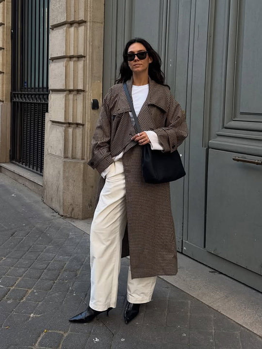 Damen Oversize Mantel im Glencheck mit weitem Revers und fallender Schulterpartie Nord Taschen