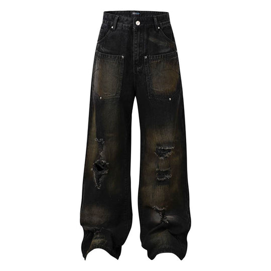 Damen Weite High‑Waist Destroyed Denim‑Palazzo‑Jeans mit aufgesetzten Taschen Nord Taschen