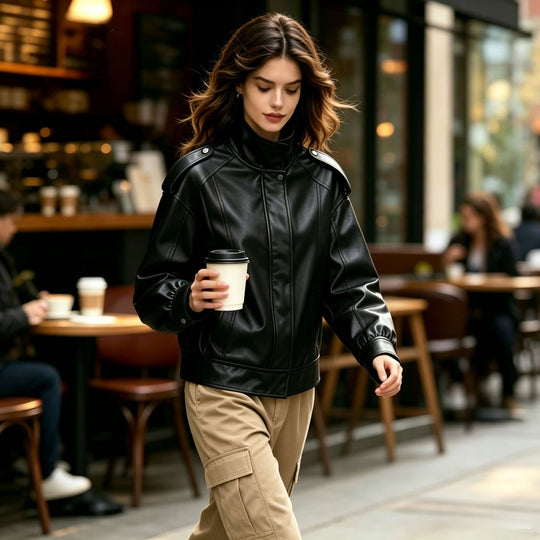 Damen Oversized-Lederjacke mit hohem Stehkragen und Schulterpatten Nord Taschen