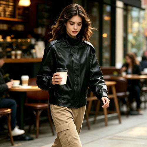 Damen Oversized-Lederjacke mit hohem Stehkragen und Schulterpatten Nord Taschen