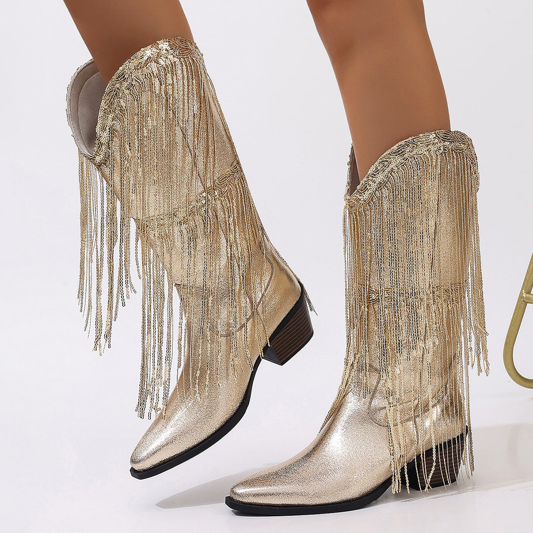Damen nan kniehohe Fransen-Cowboystiefel mit feiner Perlenfransen-Verzierung und geformtem Blockabsatz Nord Taschen