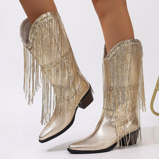 Damen nan kniehohe Fransen-Cowboystiefel mit feiner Perlenfransen-Verzierung und geformtem Blockabsatz Nord Taschen