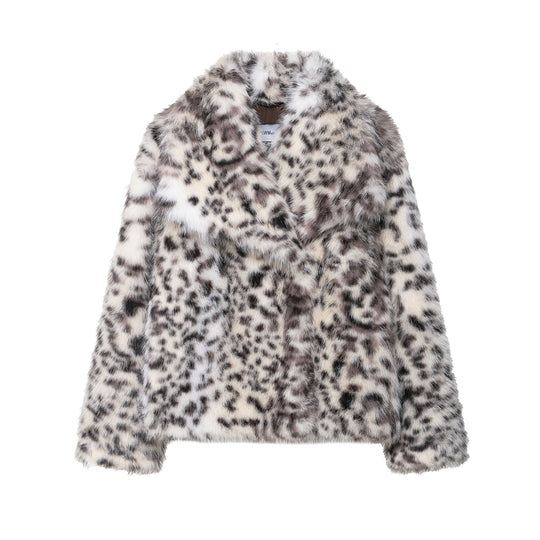 Damen Kurzer Kunstfellmantel mit Leopardenmuster und Schalkragen Nord Taschen