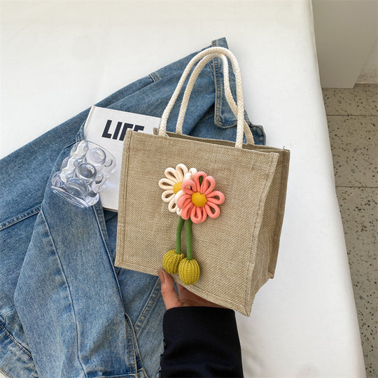 Damen Jute-Tasche mit dekorativer Blumenapplikation und verspieltem Schleifenverschluss Nord Taschen