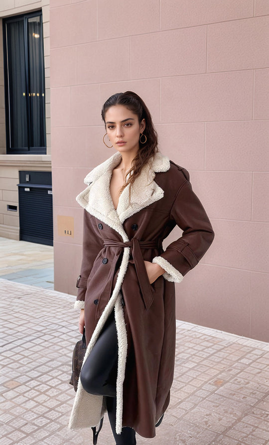 Damen Langer Mantel im Trenchstil mit Teddyfutter und taillierter Silhouette Nord Taschen