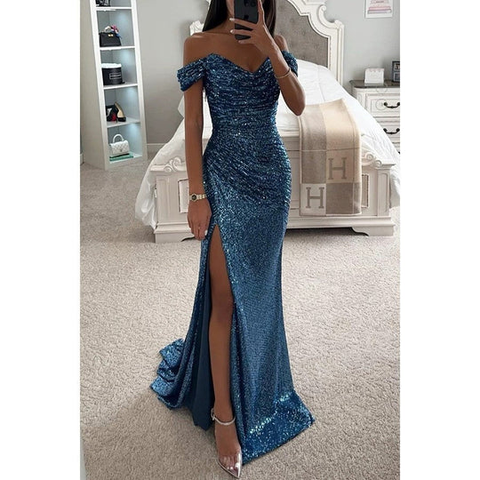 Damen Glitzerndes Off-Shoulder Abendkleid mit seitlichem Schlitz