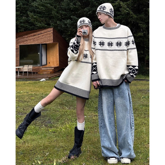 Damen Gemütlicher Grobstrickpullover mit Wintermotiv Nord Taschen