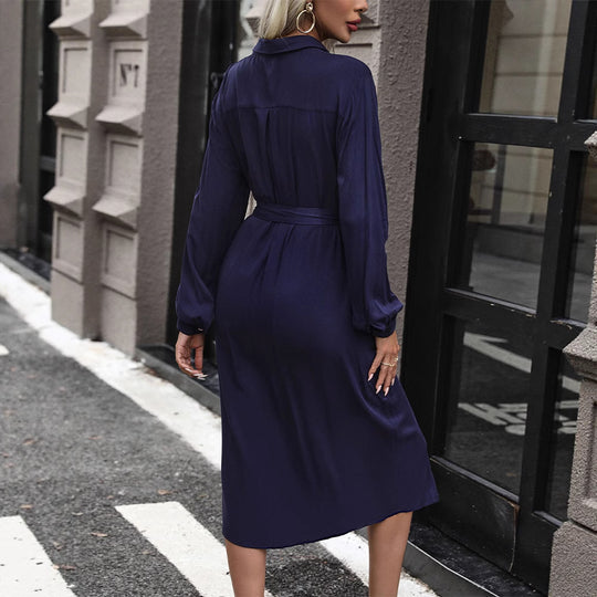 Damen Midikleid im Hemdblusenstil mit Bindegürtel, verdeckter Knopfleiste und hohem Beinschlitz Nord Taschen
