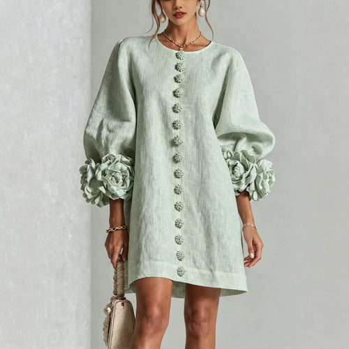 Damen Midikleid mit voluminösen Puffärmeln, 3D-Blütenknopfleiste und Leinenstruktur Nord Taschen