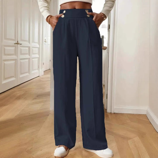 Damen Hochtaillierte weite Marlene-Hose mit Zierknopf-Bund und Bügelfalte Nord Taschen