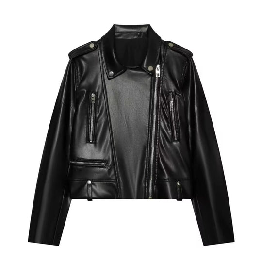 Damen Kurz geschnittene Bikerjacke aus Kunstleder mit asymmetrischem Reißverschluss und Schulterklappen Nord Taschen