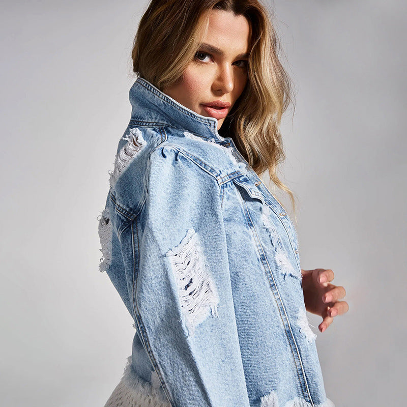 Damen Kurze Distressed Jeansjacke mit Fransen und Used‑Effekt Nord Taschen
