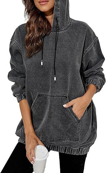 Damen Oversize Kapuzenpullover aus verwaschenem Jeansstoff mit Kängurutasche Nord Taschen
