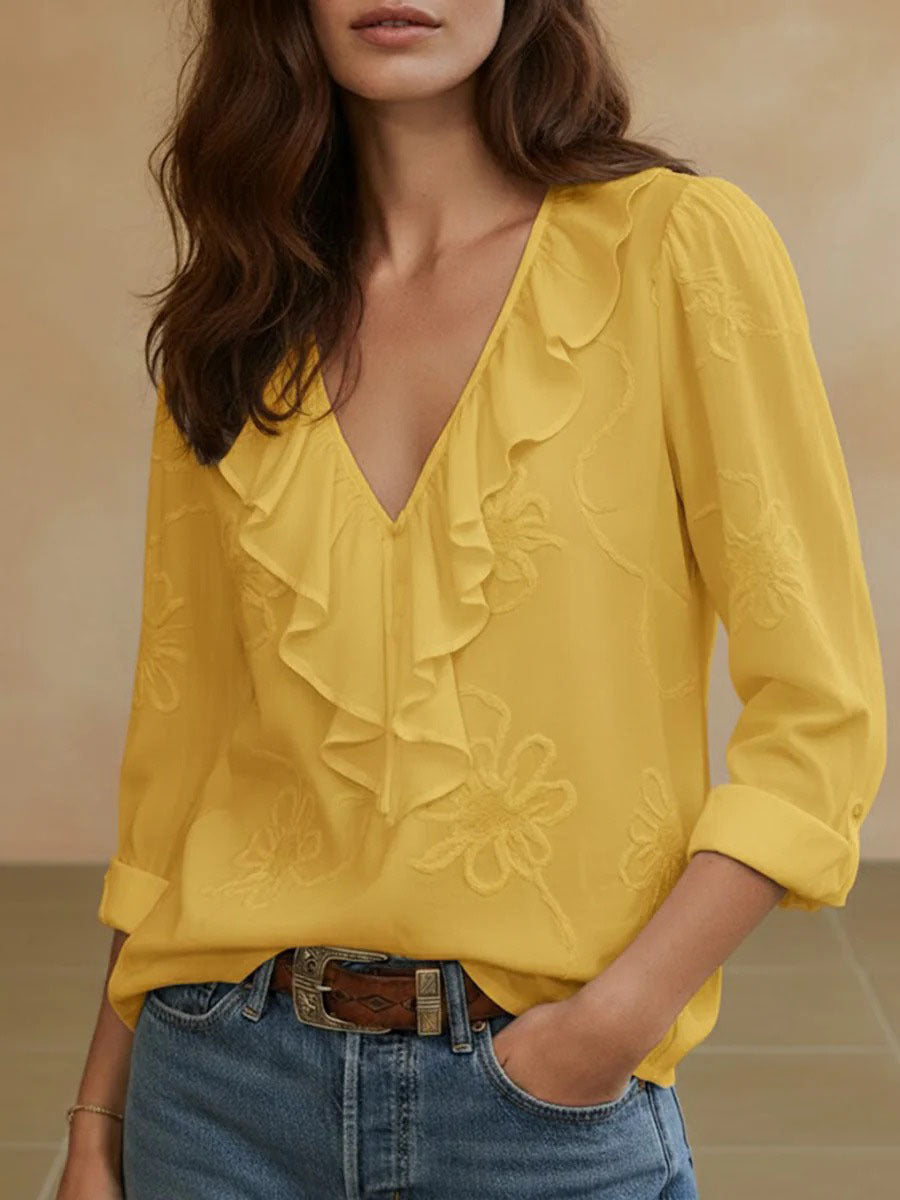 Damen elegante Bluse mit Volant und floralem Stickmuster