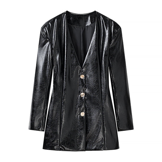 Damen Lackblazer-Minikleid mit taillierten Abnähern und goldenen Zierknöpfen Nord Taschen