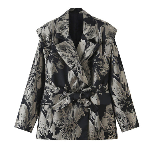 Damen Jacquard‑Blazer mit floralem Jacquardmuster, breitem Revers und Bindegürtel Nord Taschen