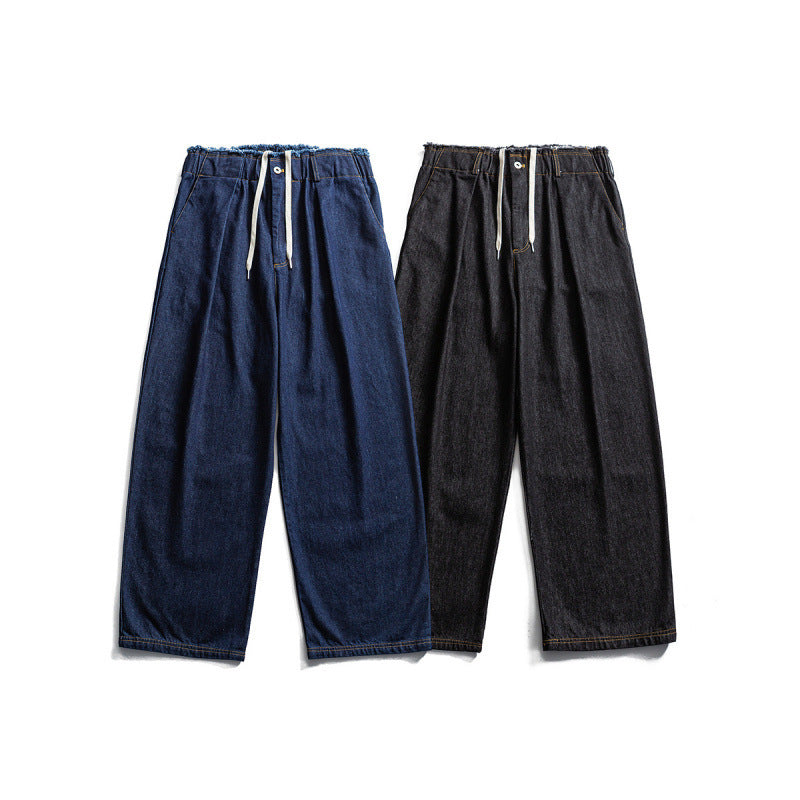 Unisex Weite Denim‑Hose mit elastischem Bund, Kordelzug und Plissee‑Falten Nord Taschen