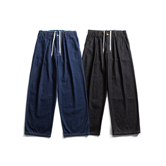 Unisex Weite Denim‑Hose mit elastischem Bund, Kordelzug und Plissee‑Falten Nord Taschen