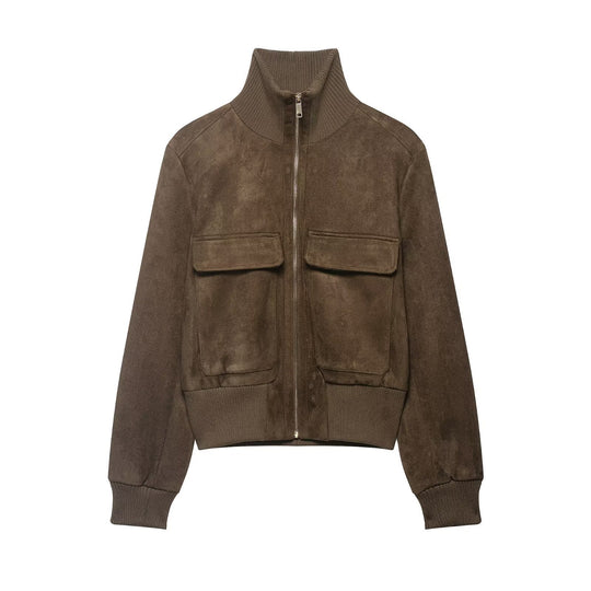 Damen Bomberjacke aus Velourslederoptik mit hohem Rippkragen und Pattentaschen Nord Taschen
