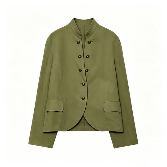 Damen Elegante Kurzjacke mit Stehkragen, Zierriegelknöpfen und Pattentaschen Nord Taschen