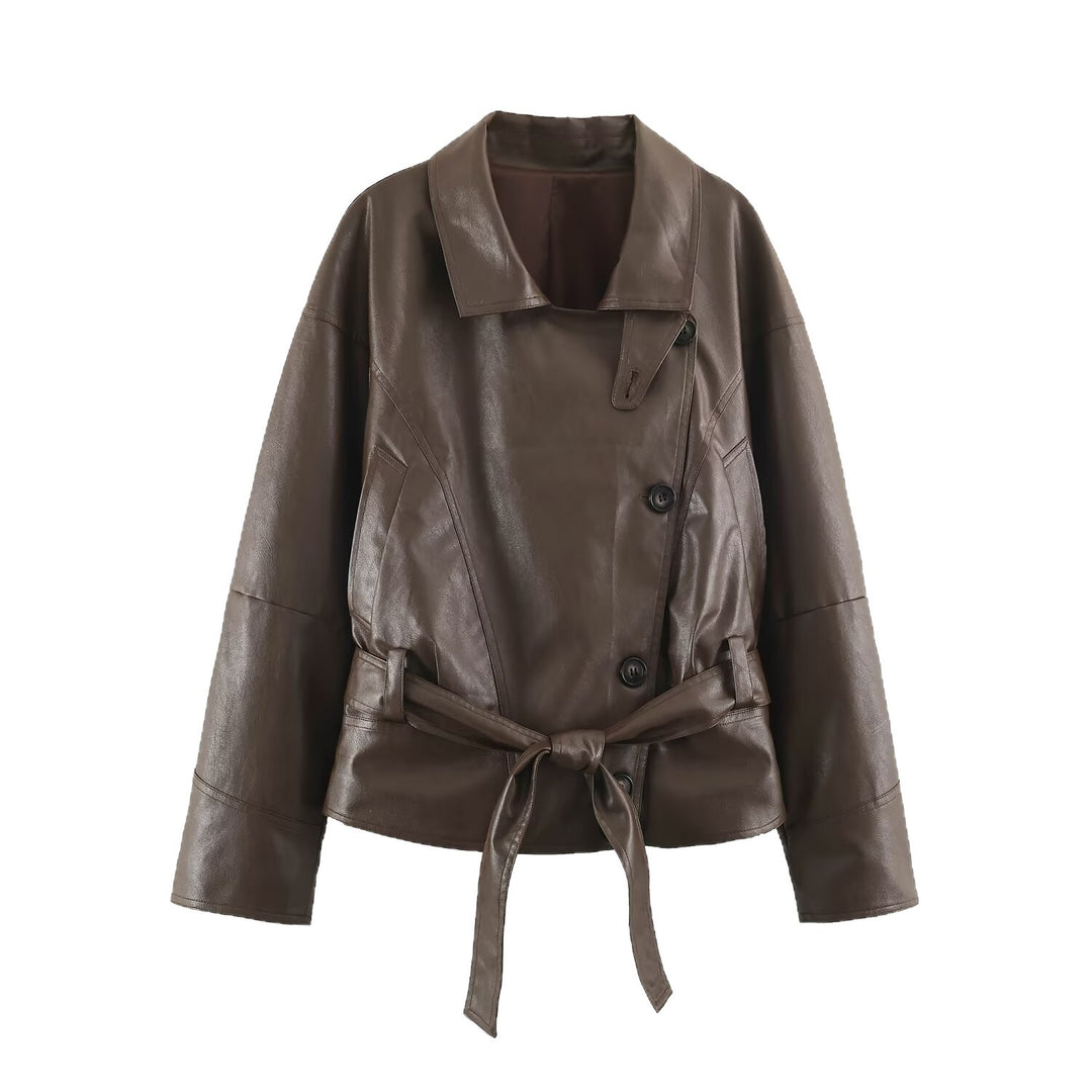 Damen taillierte Cropped Kunstlederjacke mit Bindegürtel und asymmetrischer Knopfleiste Nord Taschen