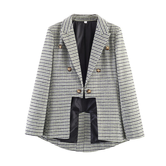 Damen Karo-Blazer mit asymmetrischem Cropped-Vorderteil und Holzknöpfen Nord Taschen