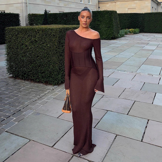 Damen One-Shoulder Maxikleid mit formendem Korsettbund und Rippstrick Nord Taschen