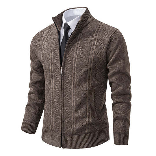 Herren Strukturiertes Feinstrick-Zipcardigan mit Stehkragen und geometrischem Zopfmuster Nord Taschen