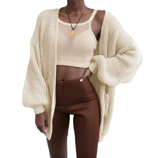 Damen Großer Strickjacke mit voluminösen Ärmeln und praktischen Taschen