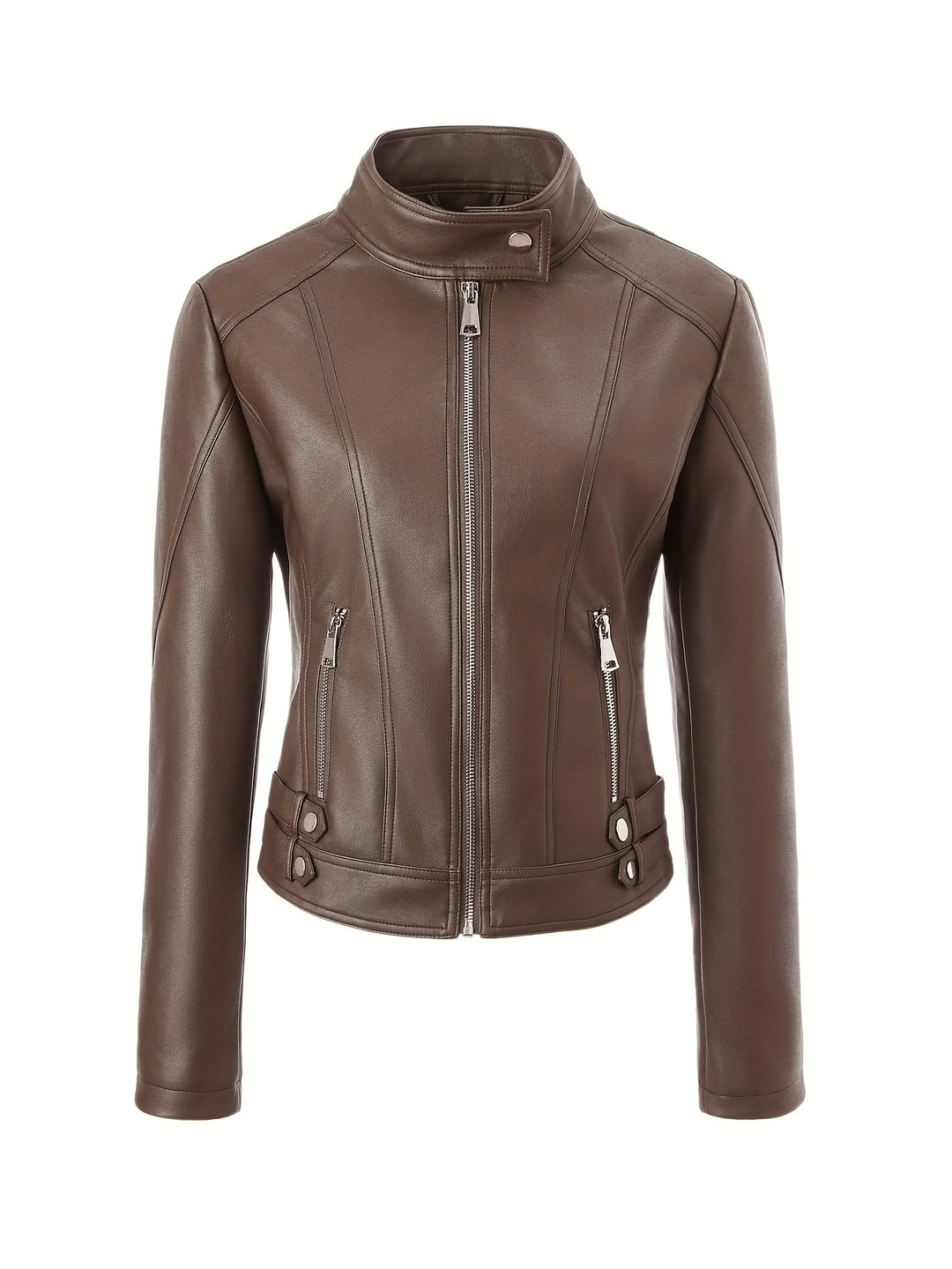 Damen Kurze taillierte Motorjacke aus Kunstleder mit Stehkragen und Schnallgurten Nord Taschen