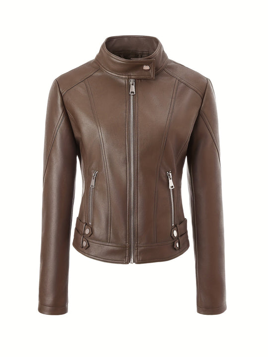Damen Kurze taillierte Motorjacke aus Kunstleder mit Stehkragen und Schnallgurten Nord Taschen