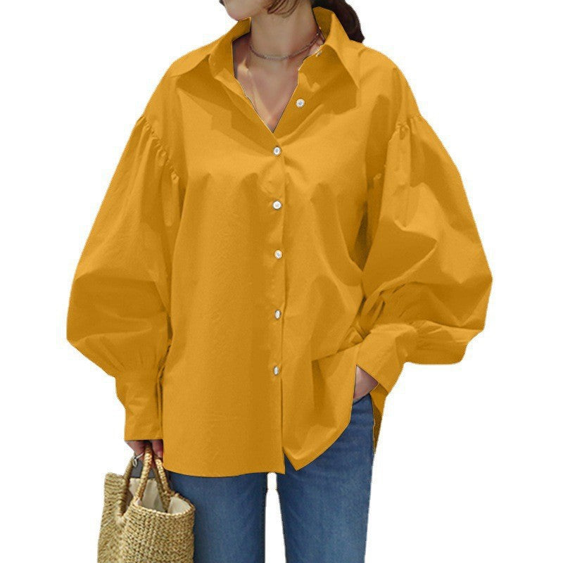 Damen Oversize-Bluse mit Ballonärmeln und Hemdkragen Nord Taschen