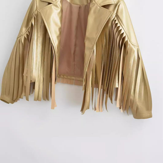 Damen Kurzjacke im Bikerstil mit Metallic‑Optik und langen Lederfransen Nord Taschen