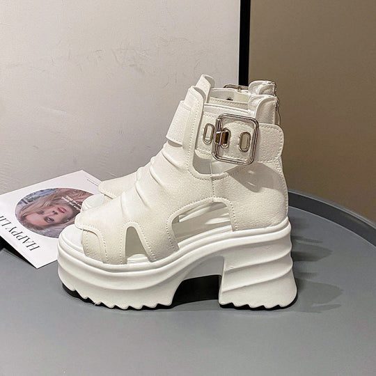 Damen nan Plateau-Sandaletten-Stiefelette mit Aussparungen offener Zehenpartie und verstellbarer Metallschnalle