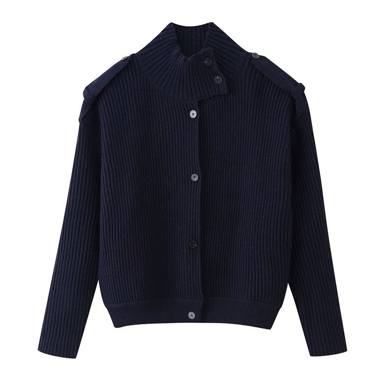 Damen Gerippter Strickcardigan mit Stehkragen und Schulterknopf-Detail Nord Taschen