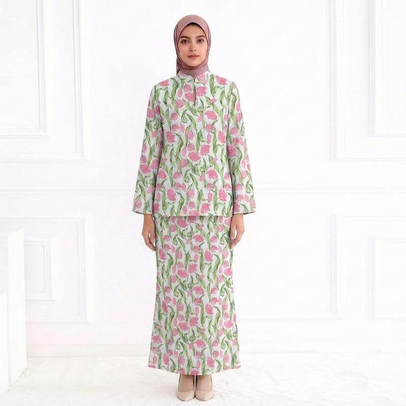 Damen Zweiteiliges Modest-Set aus Tunika mit Stehkragen und geradem Maxirock mit Blumenprint Nord Taschen