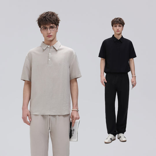 Herren Zweiteiliges Lounge-Set aus leichtem Baumwollmix mit Polokragen und Gummizughose Nord Taschen