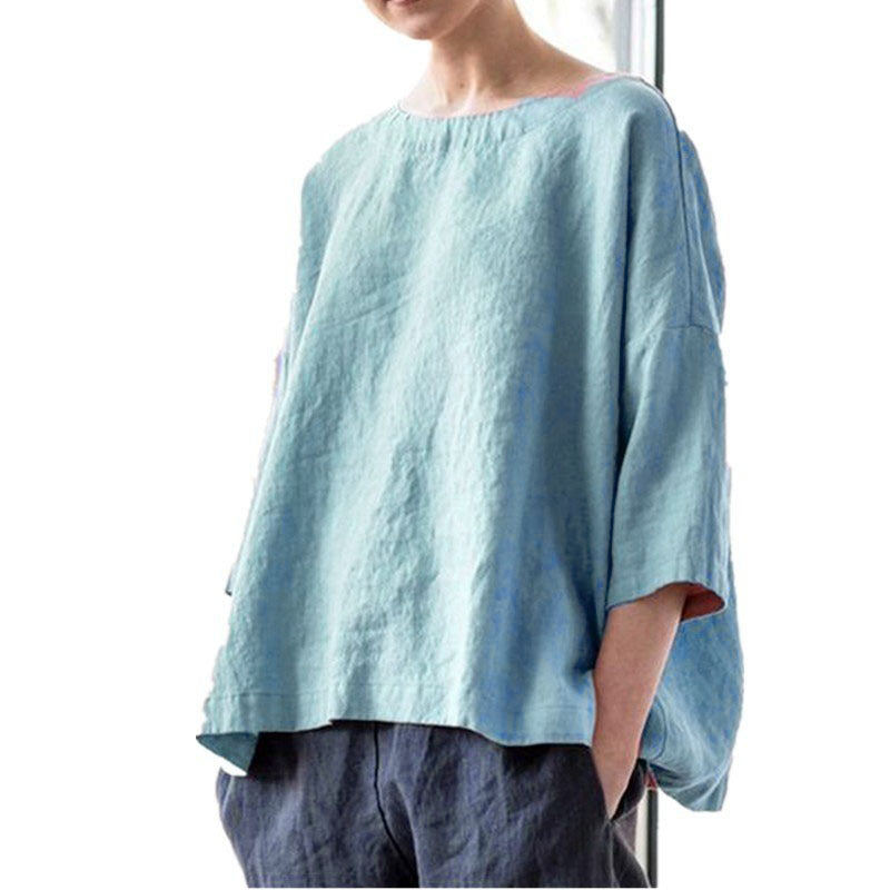 Damen Oversized Leinenbluse mit weitem Boxy‑Schnitt, U‑Boot‑Ausschnitt und 3/4‑Ärmeln Nord Taschen