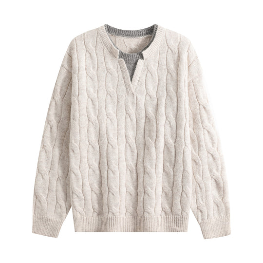 Damen Oversize Zopfmuster-Pullover mit V‑Schlitzkragen Nord Taschen