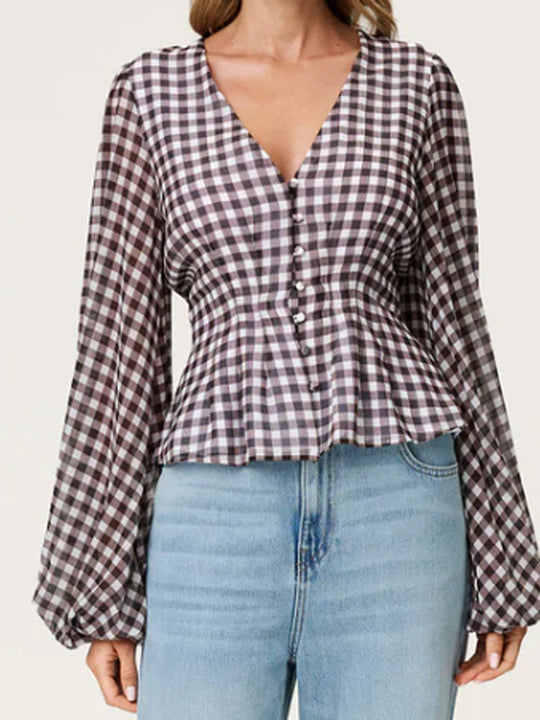 Damen Jacquard-Spitzenbluse mit tailliertem Schößchen und Ballonärmeln Nord Taschen