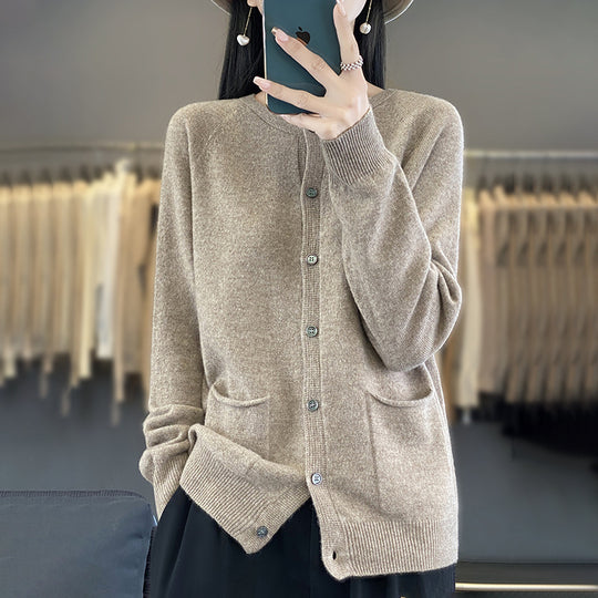 Damen Langer Feinstrick-Cardigan mit Rundhalsausschnitt, Eingrifftaschen und Alpaka-Mix Nord Taschen