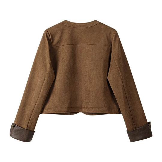 Damen Kurzjacke aus Veloursleder mit Rundhals, aufgesetzten Taschen & Umschlagmanschetten Nord Taschen