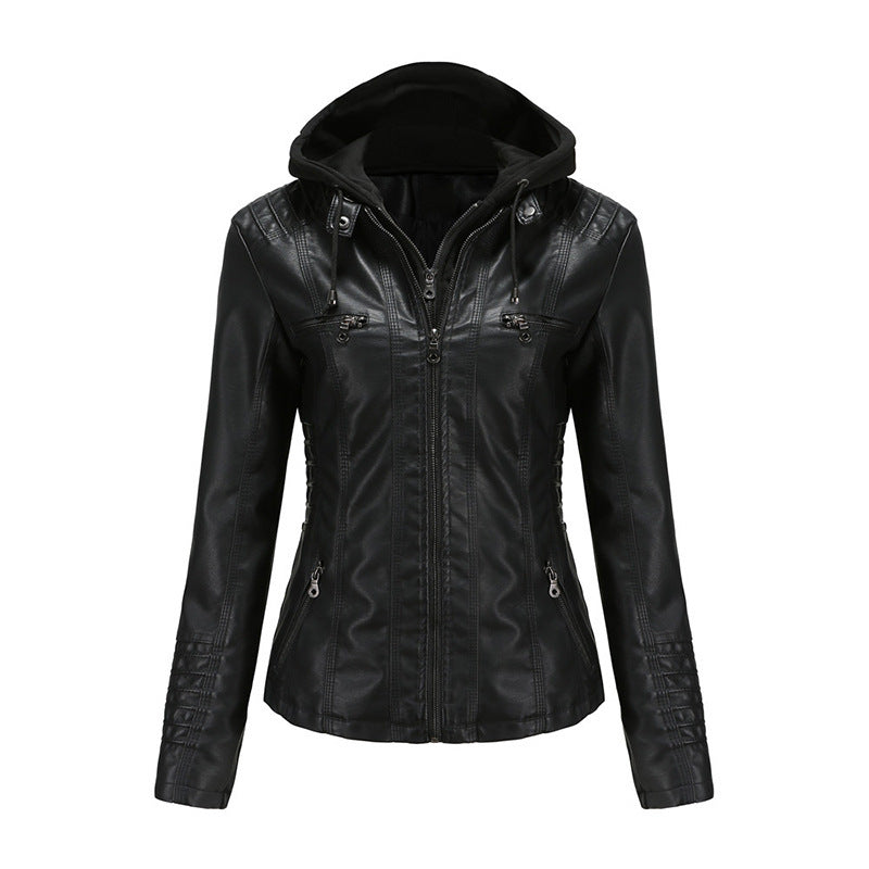 Damen Taillierte Kunstlederjacke mit abnehmbarer Kapuze und Reißverschluss Nord Taschen