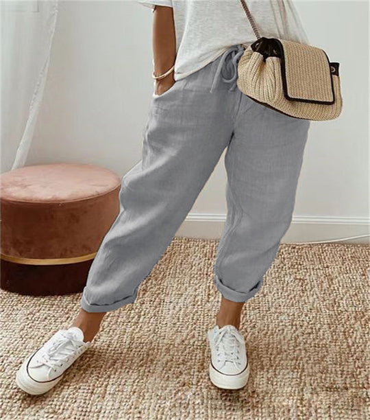 Damen Leinen-Joggerhose mit Kordelzug, lockerer Tapered-Schnitt und gekrempelten Säumen Nord Taschen