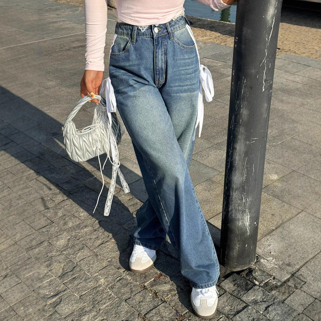 Damen Weite High-Waist Denim-Jeans mit dekorativen Seitenbändern und geradem Bein Nord Taschen