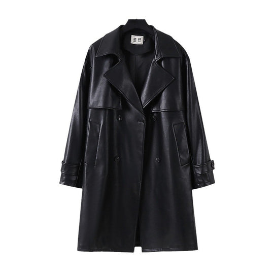 Herren Lederimitat-Trenchcoat mit Doppelreiher, Oversize-Schnitt und Manschettenriegel Nord Taschen