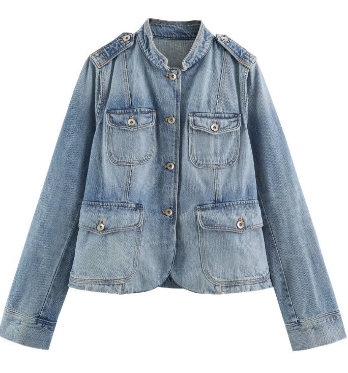 Damen Jeansjacke im Utility-Look mit Stehkragen, Pattentaschen und Schulterpatten Nord Taschen